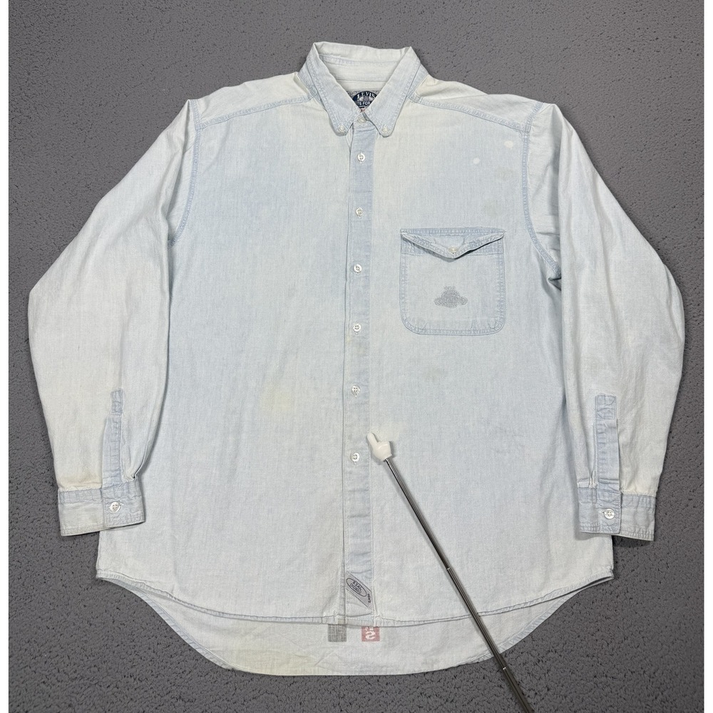 Vintage Levi's Shirt Mens Large Blue Chambray Button Up Sit On It Graphic
